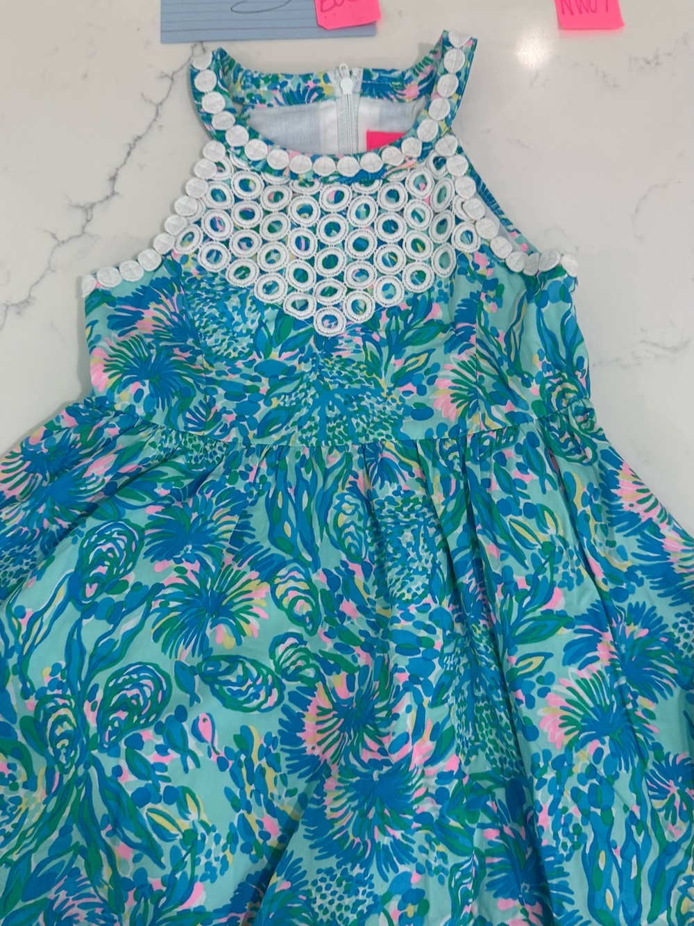 Lilly Pulitzer Girls' Turquoise Floral Dress with White Crochet Neckline Size 3